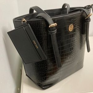 Anne Klein New Faux Embossed Elegant Black Crocodile Purse